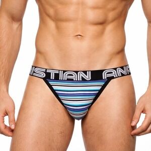Andrew Christian Small (28-31) Chelsea Stripe Jock Blue Grey Striped Jockstrap